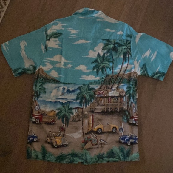 Hawaiian Reserve Collection Aloha Shirt Mens L woody cars surfboards Palms Beach - Picture 2 of 10